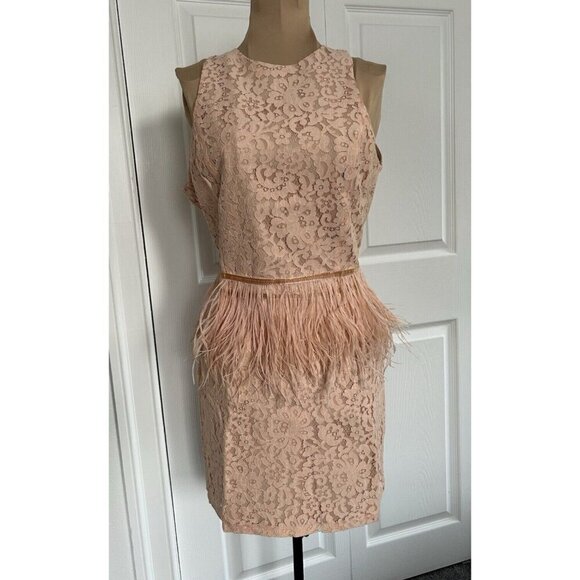 ENDLESS ROSE Sleeveless Lace Sheath Open Back Feather Waist Mini Dress Peach S - Picture 1 of 11